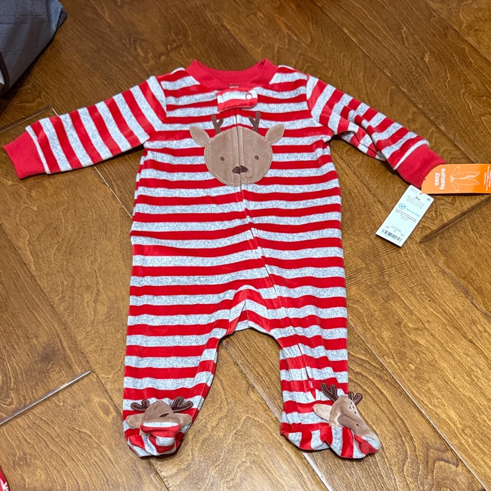 NWT Size 3M Red and Gray Fleece Striped Onesie with Reindeer